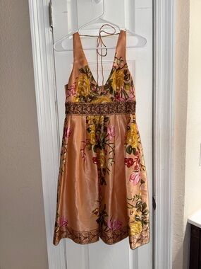 Y2K Peach Floral Satin Knee Length Dress with beading detail at Waist